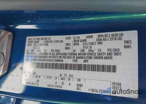 2017 Ford Escape Se from USA, damaged, VIN 1FMCU0GD3HUC34904